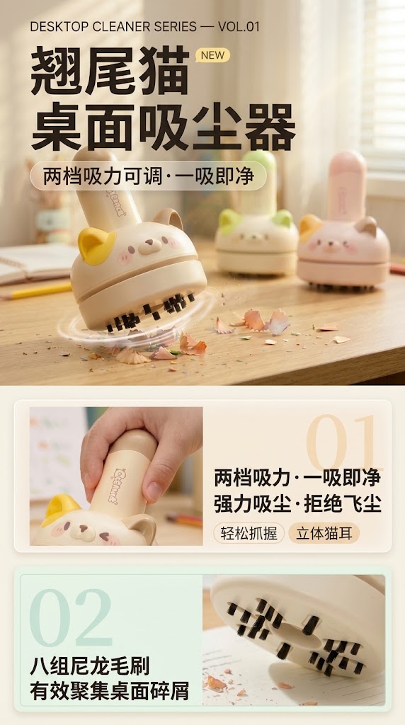 翘尾猫桌面吸尘器首屏与功能详情
